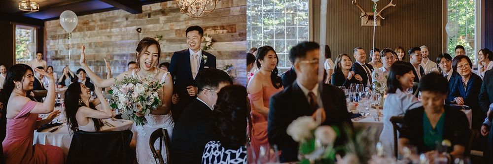 Wedding venue decorated with rustic wood panels and elegant lighting fixtures.