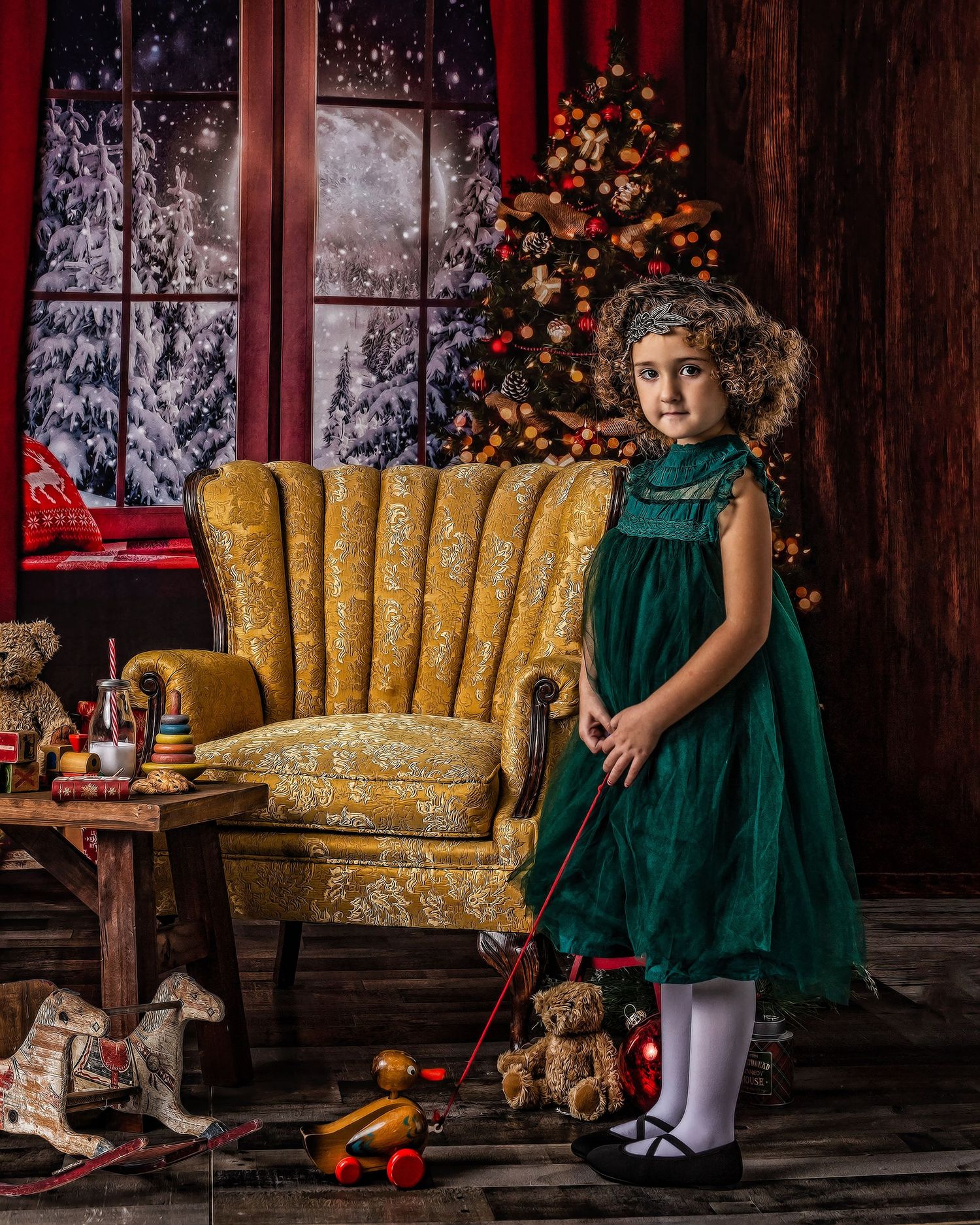 Valerie Kay Photography Fine Art Child Portraits Christmas scene with girl in green dress
