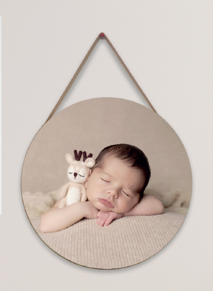 Circular wall art featuring newborn sleeping with small plush toy.