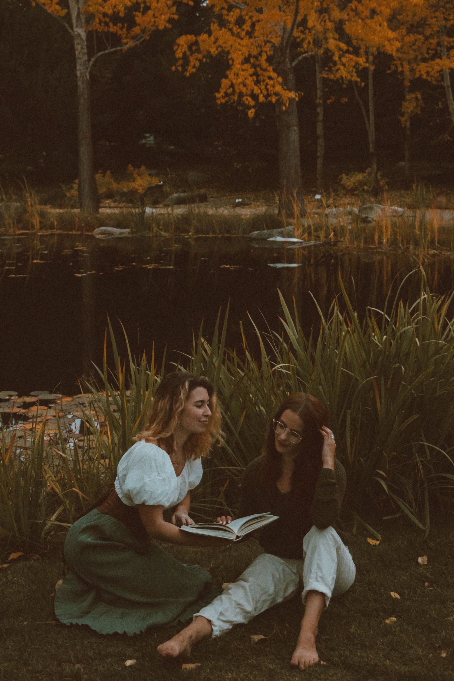 Two people reading together by a pond surrounded by fall colors and cattails.