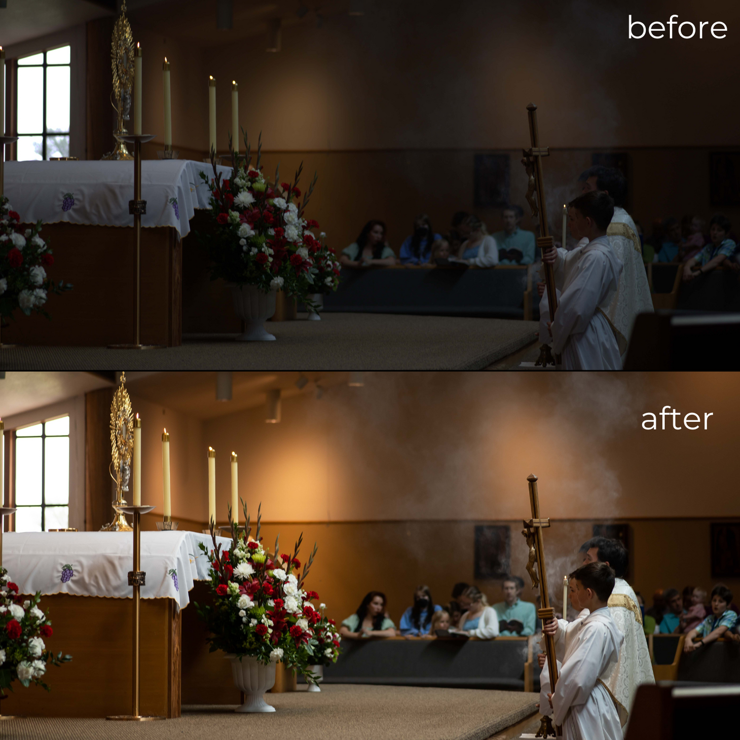 Before and after photo editing comparison of a church ceremony with warm lighting adjustments.