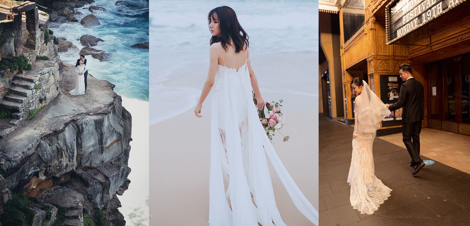 Triptych of bride in flowing white gown at beach, cliffside, and indoor wedding venues.