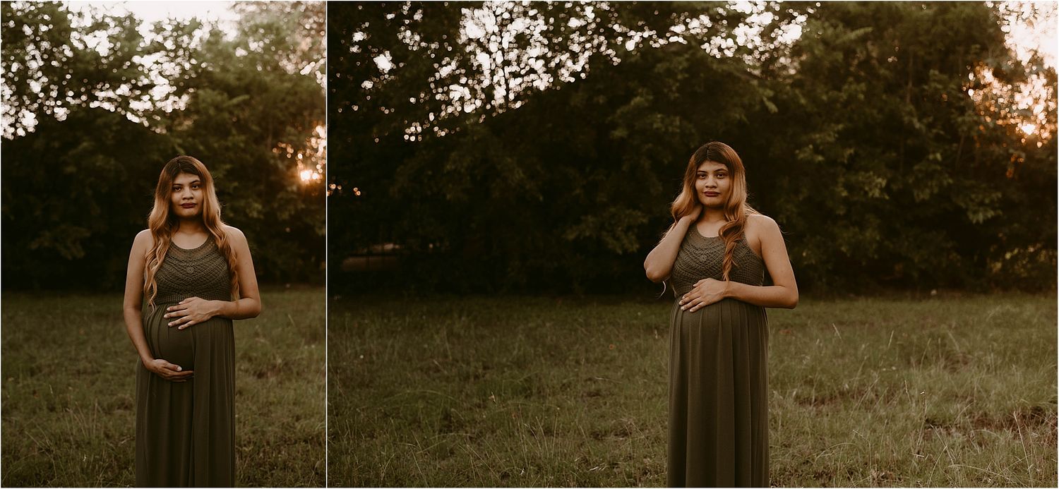 Side-by-side maternity portraits showing different poses in an outdoor setting at dusk.