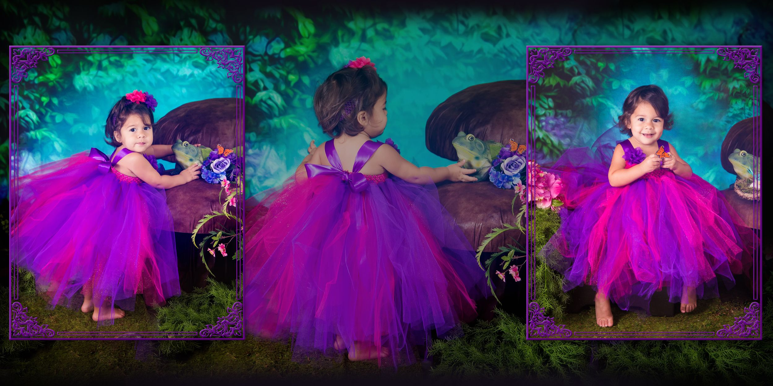 Vibrant purple tulle dress photographed in a fantasy garden setting with dramatic lighting effects.