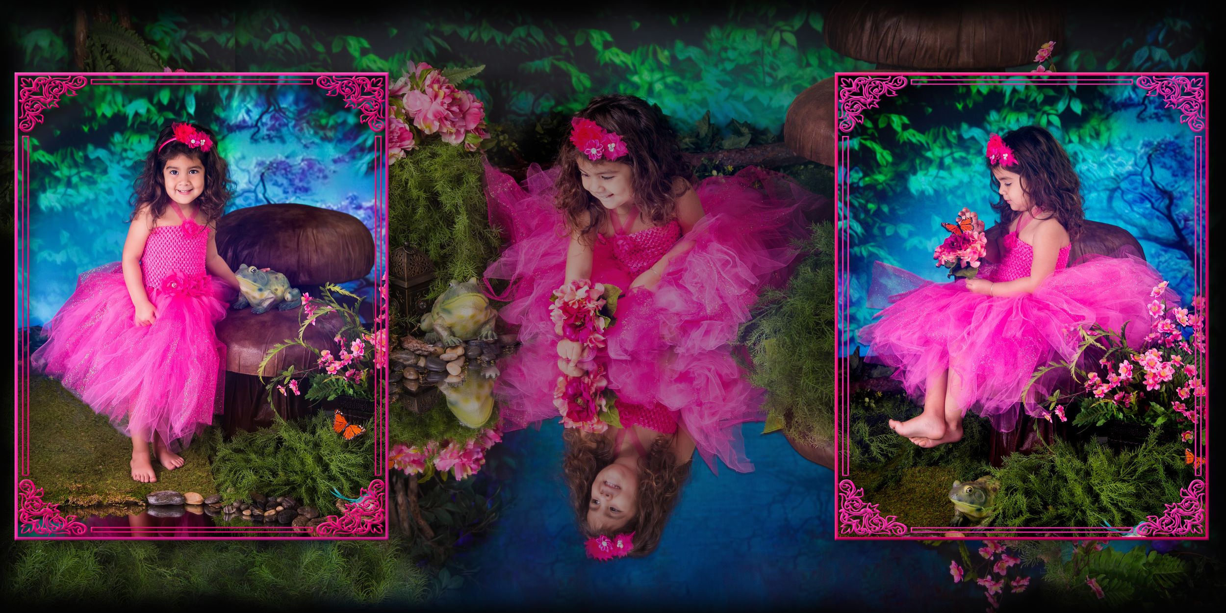 Magical garden photoshoot featuring flowing pink and purple dresses against a dreamy background.
