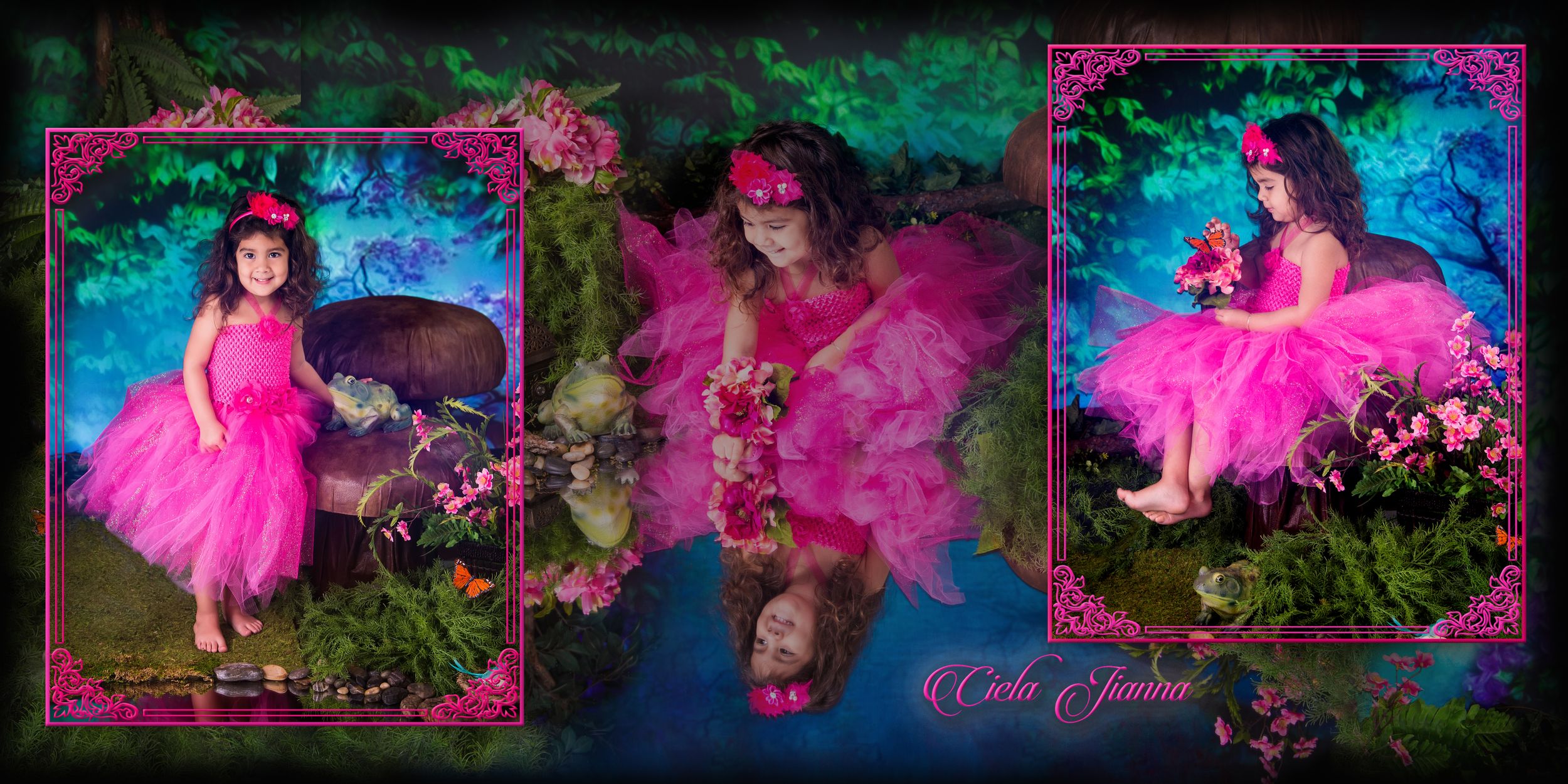 Enchanted garden scene with bright pink tulle dresses and ethereal lighting effects.