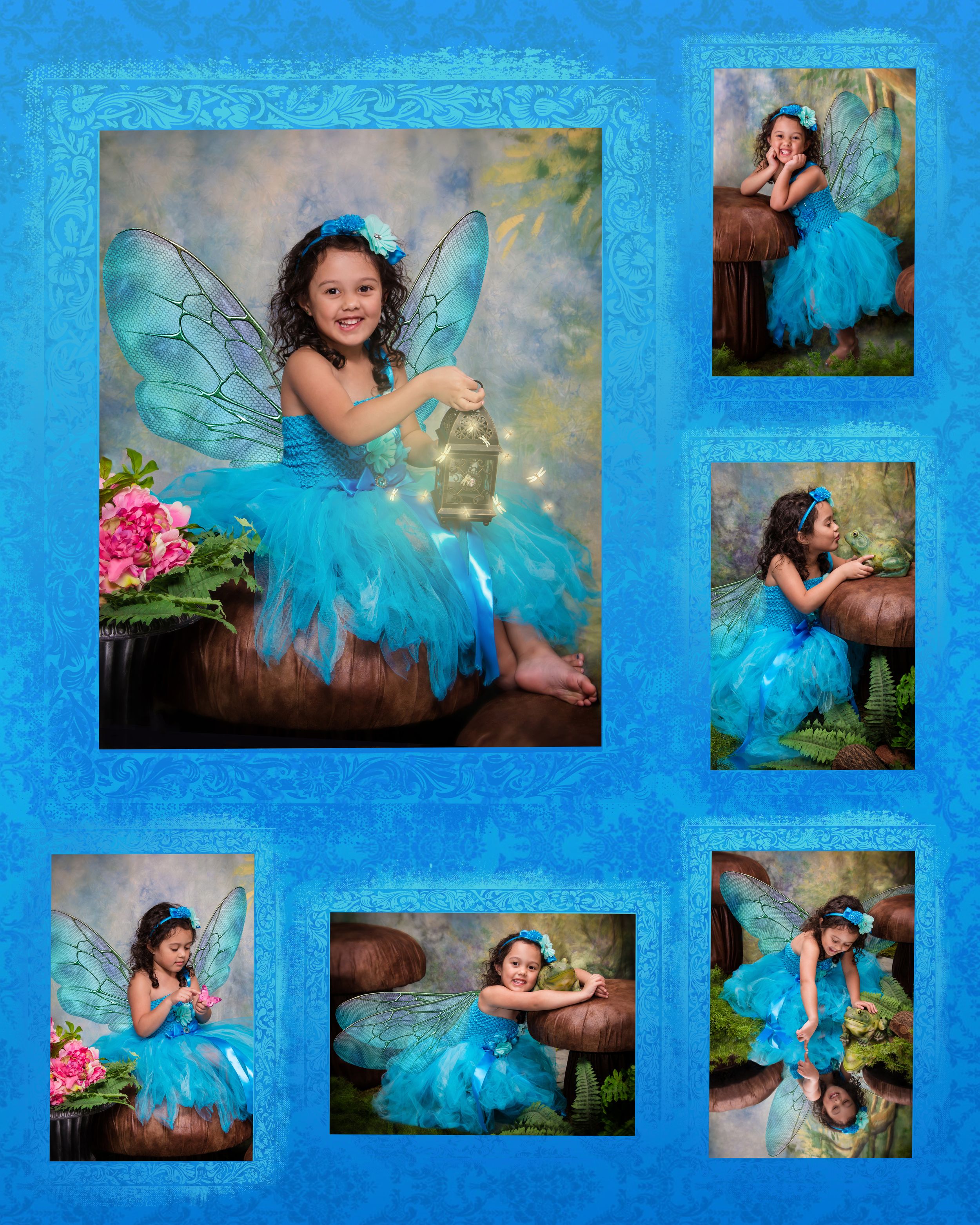 Collection of fairy-themed photos with turquoise blue frame and magical forest settings.