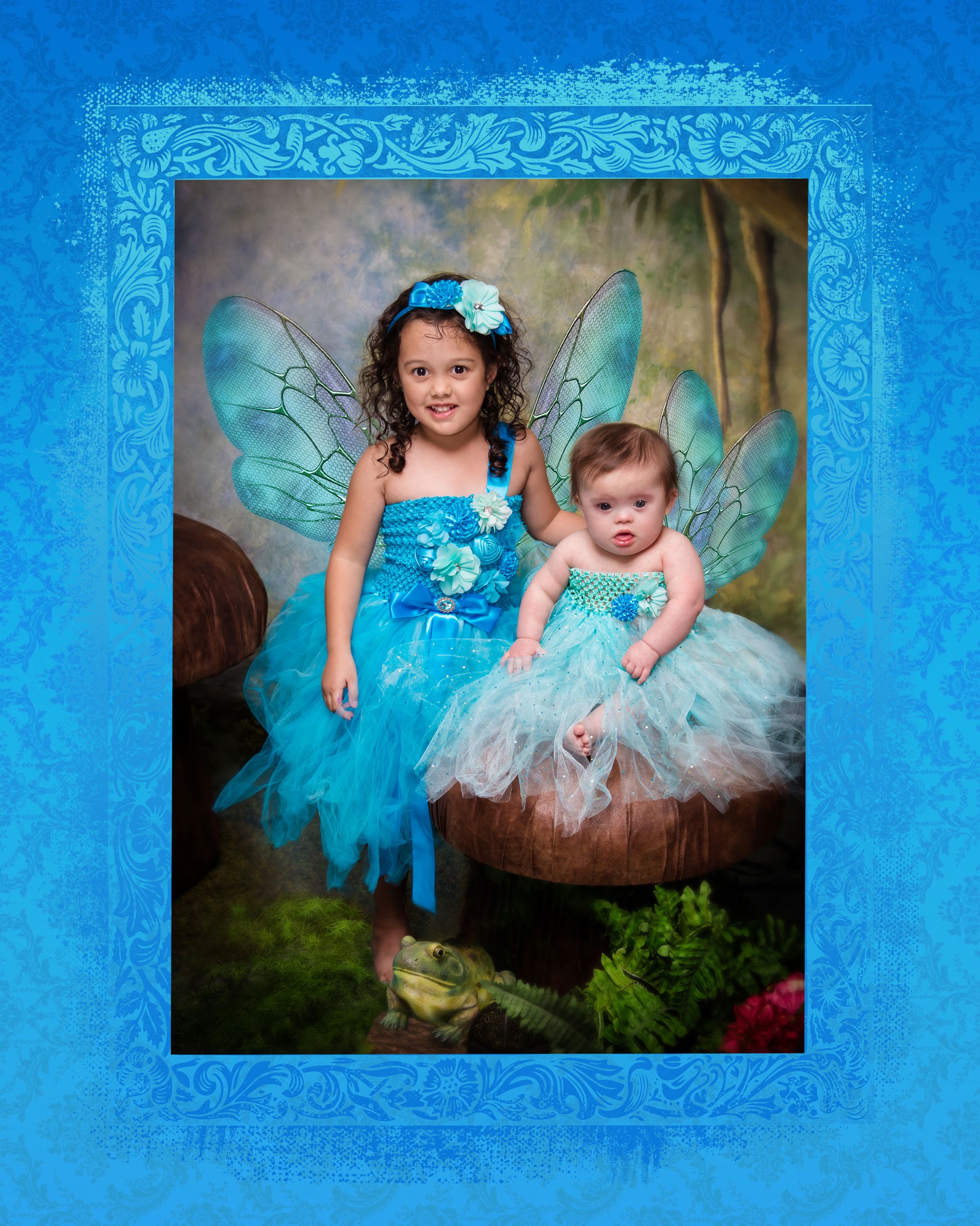 Fairy photoshoot collage featuring aqua blue tutus and wings in enchanted garden setting.