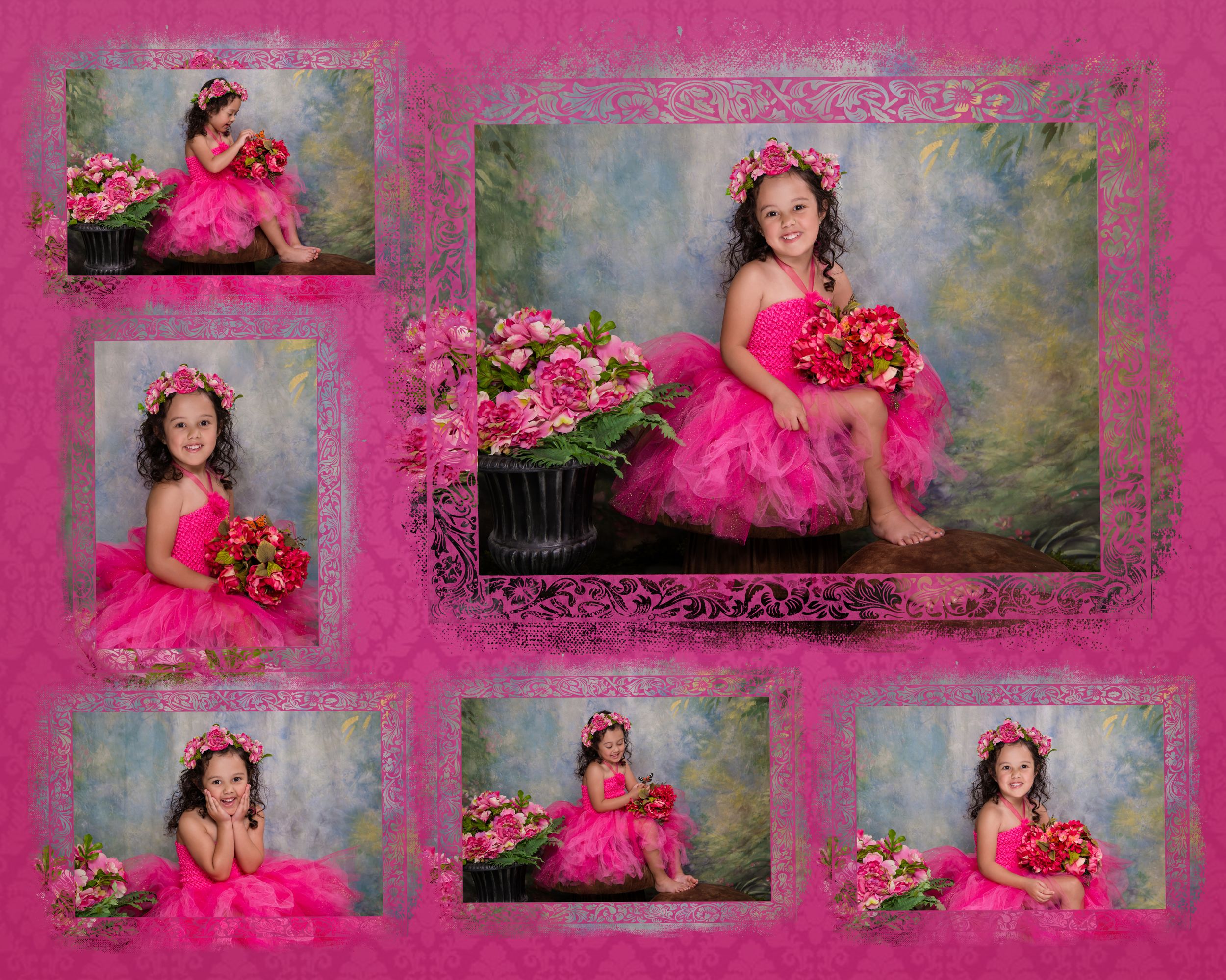 Pink-themed fairy portrait collage with floral elements and magical forest scenery.