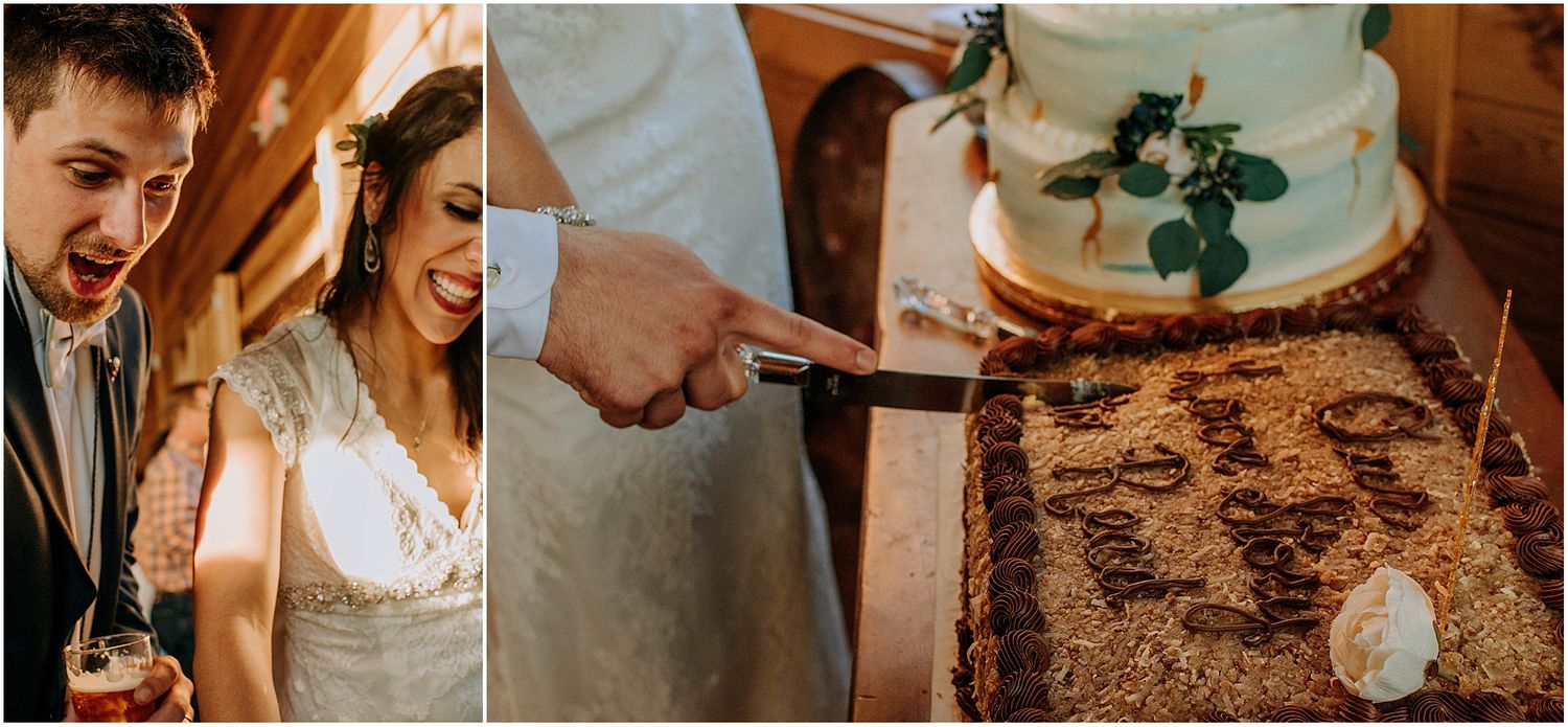 Collage of wedding moments featuring cake cutting and celebration details.