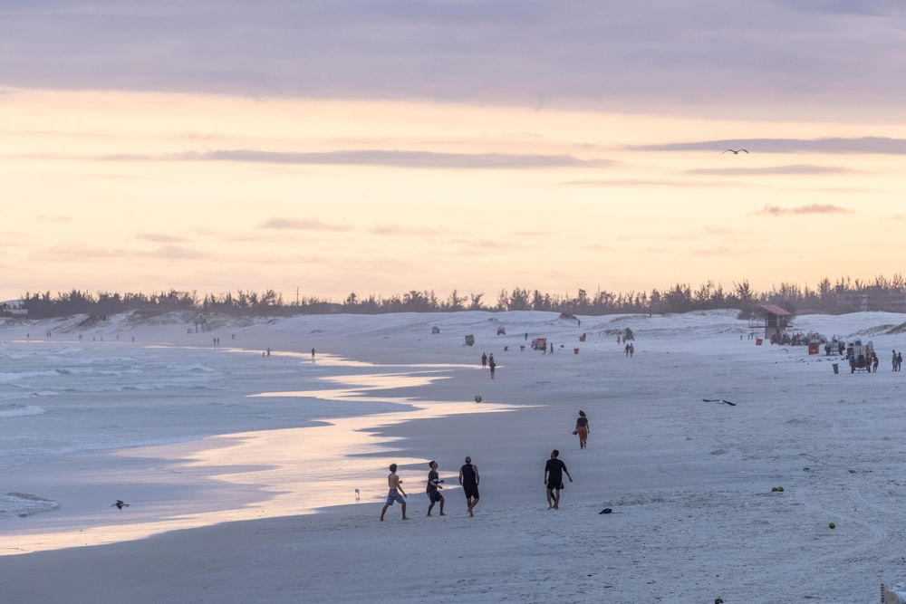 Silhouettes of beachgoers walking along a serene shoreline during sunset with snow-covered trees in the distance.