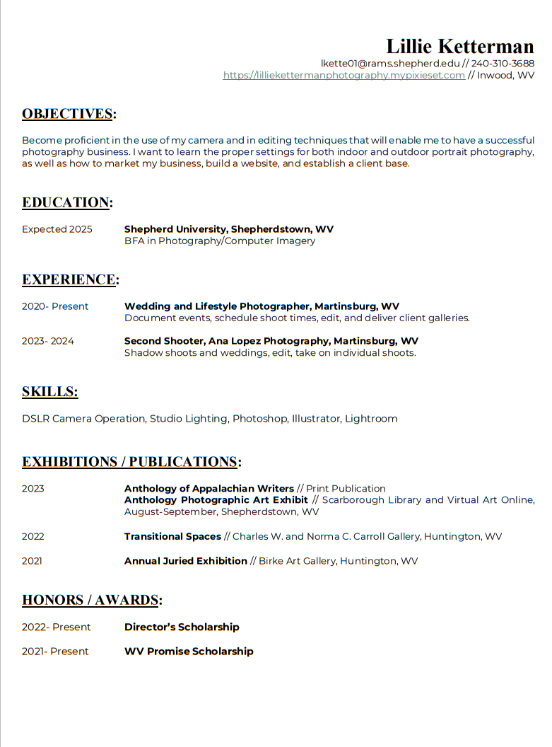 Professional photography resume of Lillie Ketterman detailing education, experience, skills, and honors at Shepherd University.