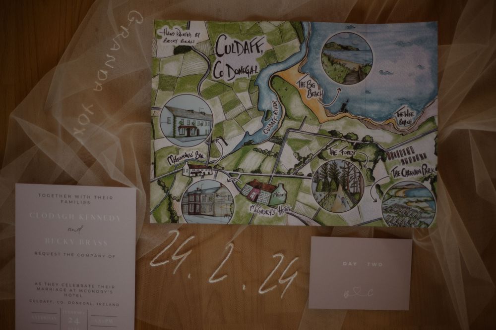 A watercolor wedding venue map with illustrated landmarks and details on vintage paper.