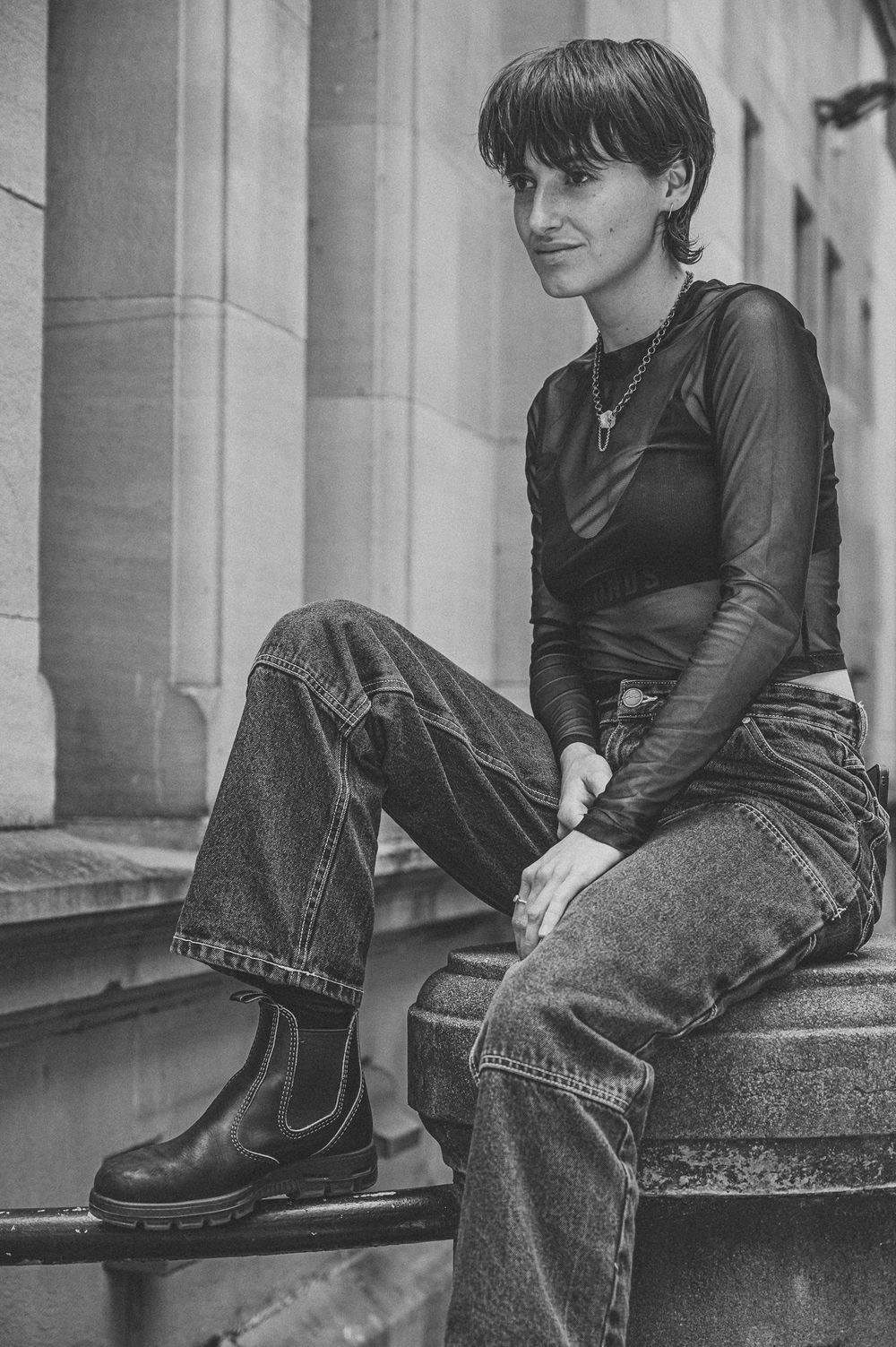 Monochrome fashion portrait on stone steps. SIX84 Photography, Portrait Photography, Sydney