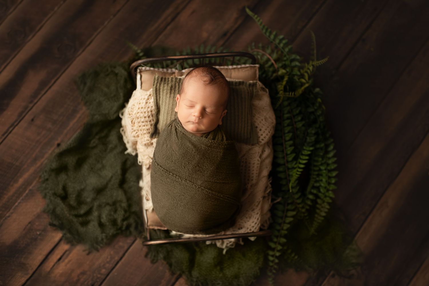 Overhead view of sleeping newborn in basket surrounded by ferns on wooden floor.