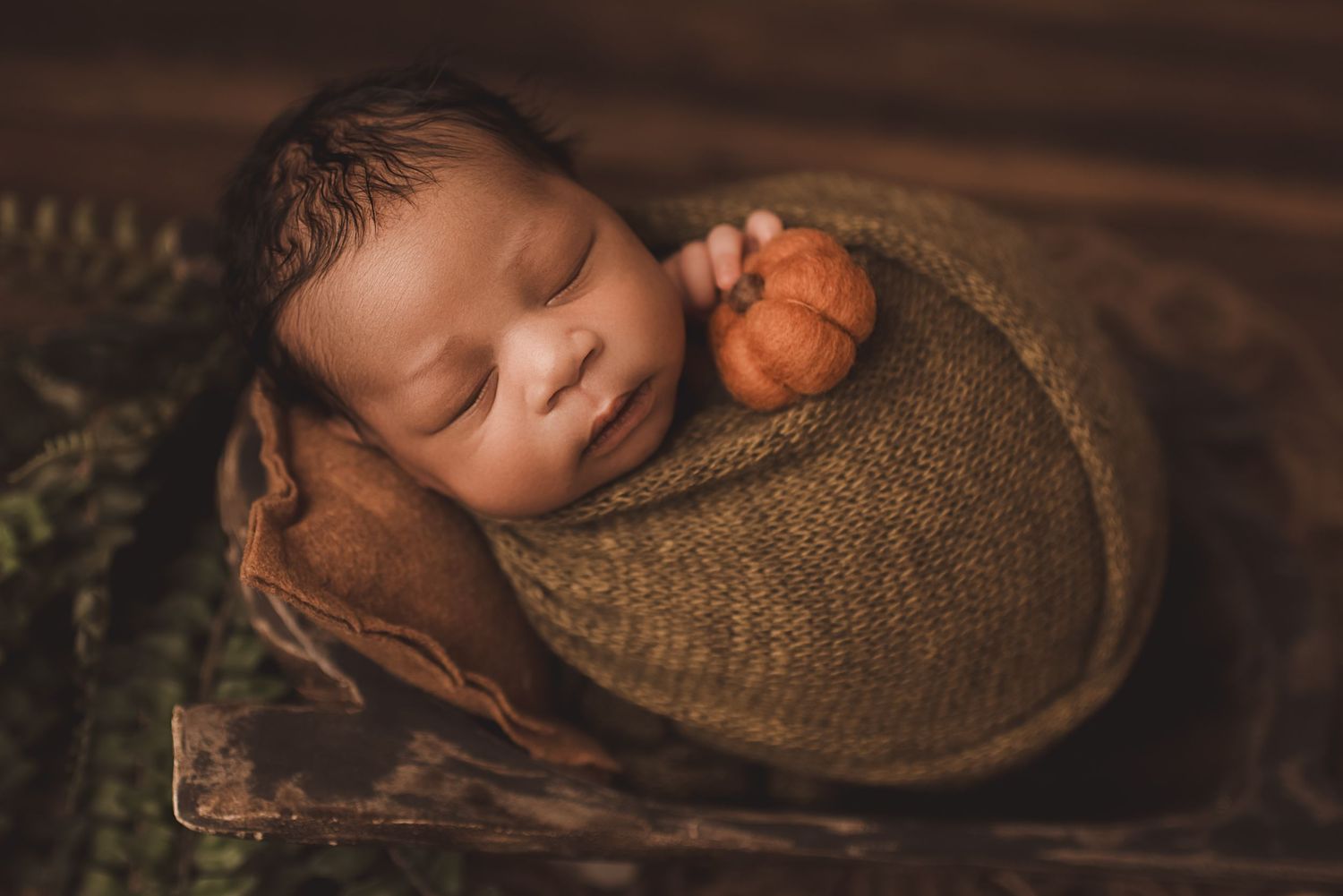 Sleeping newborn wrapped in brown textured wrap with natural foliage accents.