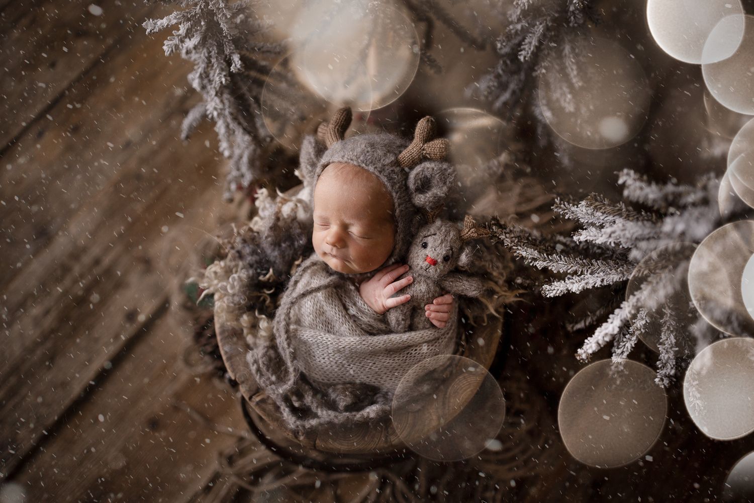 Sleeping newborn wrapped in gray blanket with frosted branches and white orb decorations.