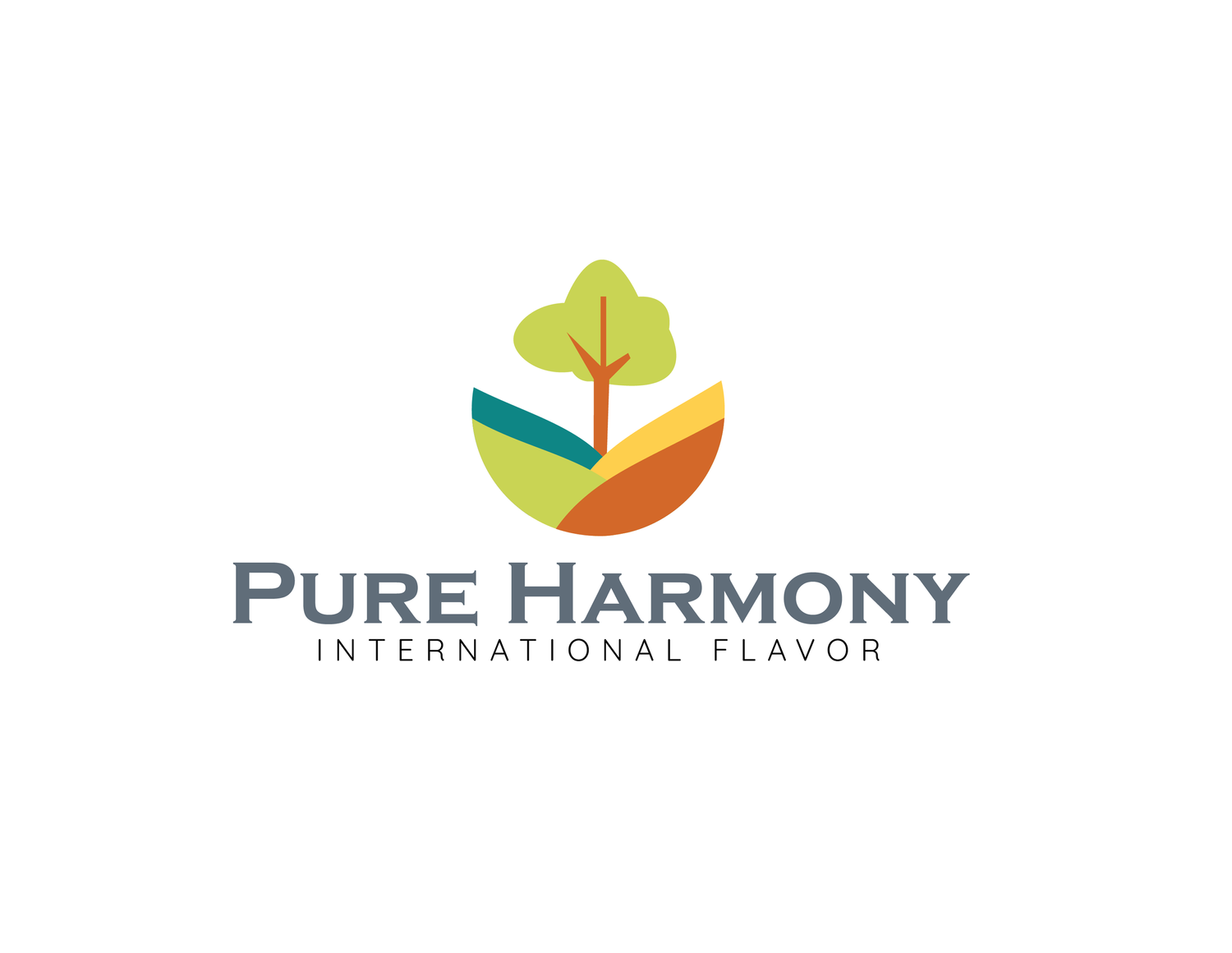 Pure Harmony logo design featuring abstract leaf shapes in green and blue tones.