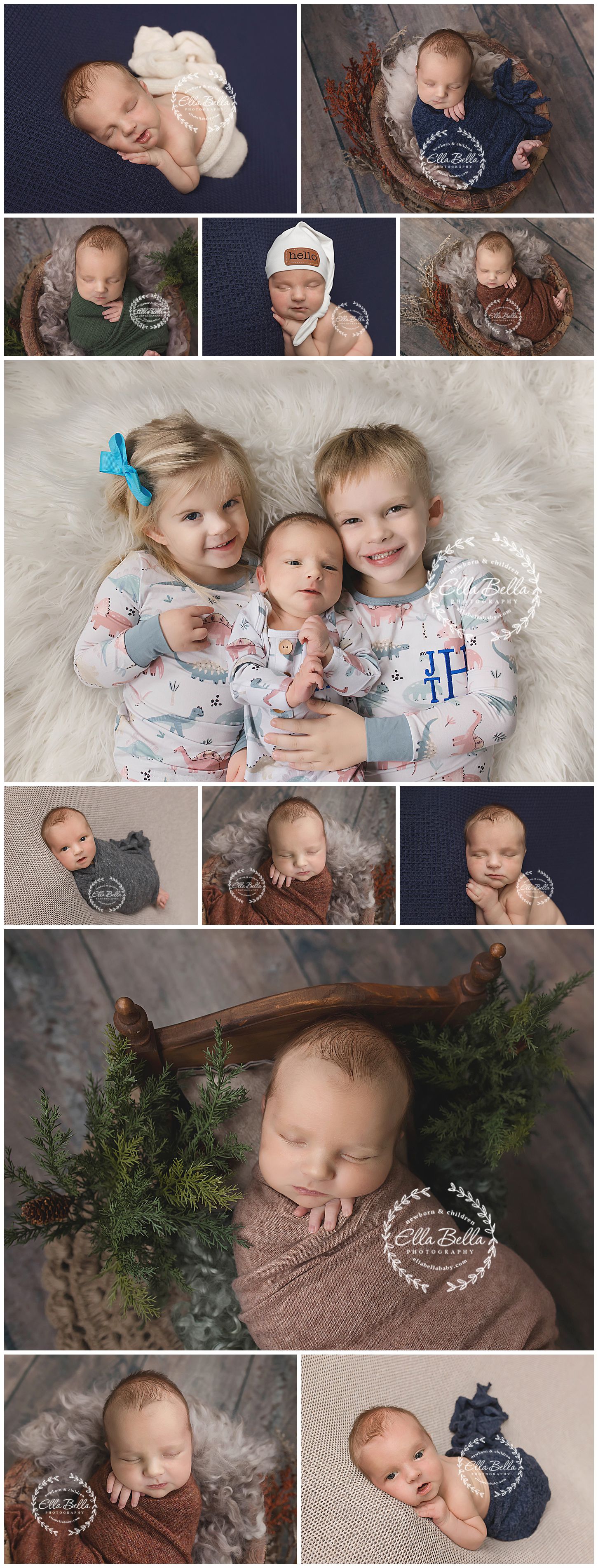 Collection of professional baby portraits including sibling shots and artistic newborn poses.