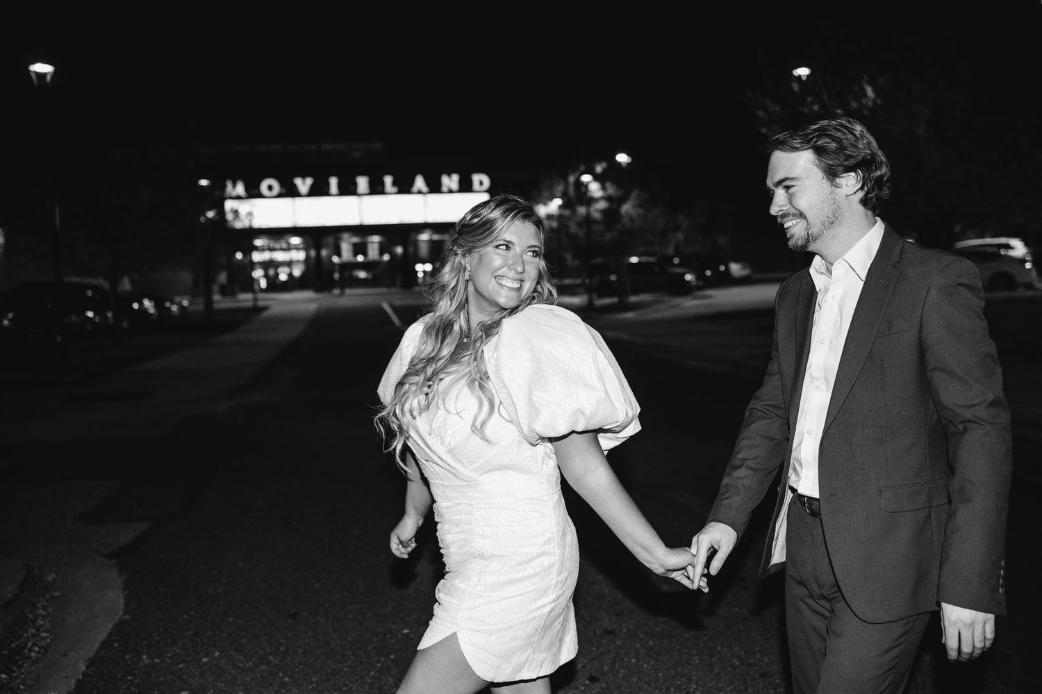 nighttime engagement session direct flash photography lifestyle Richmond Virginia Bowtie cinema Soctt's addition