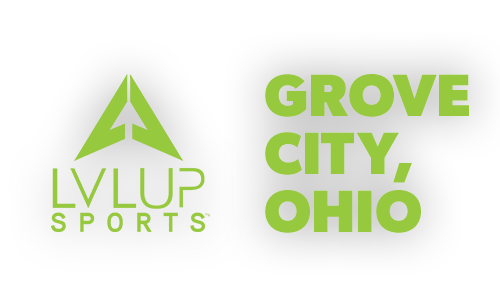 Green and black LVL Up Sports logo with Grove City Ohio location text on dark background.