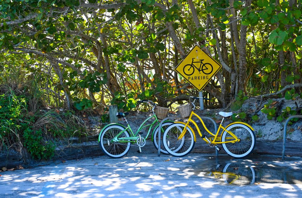 Parked bicycles beneath a yellow bike path sign surrounded by lush greenery.
