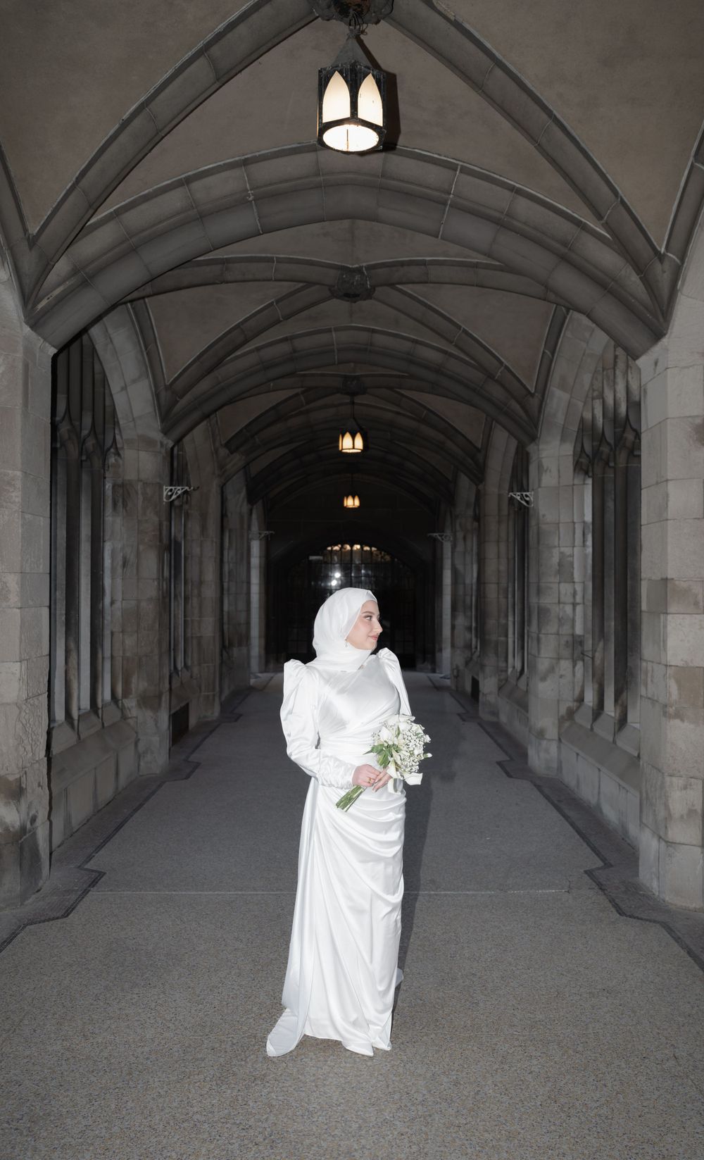 Bride to be posing in the corridor at Knox College for photos