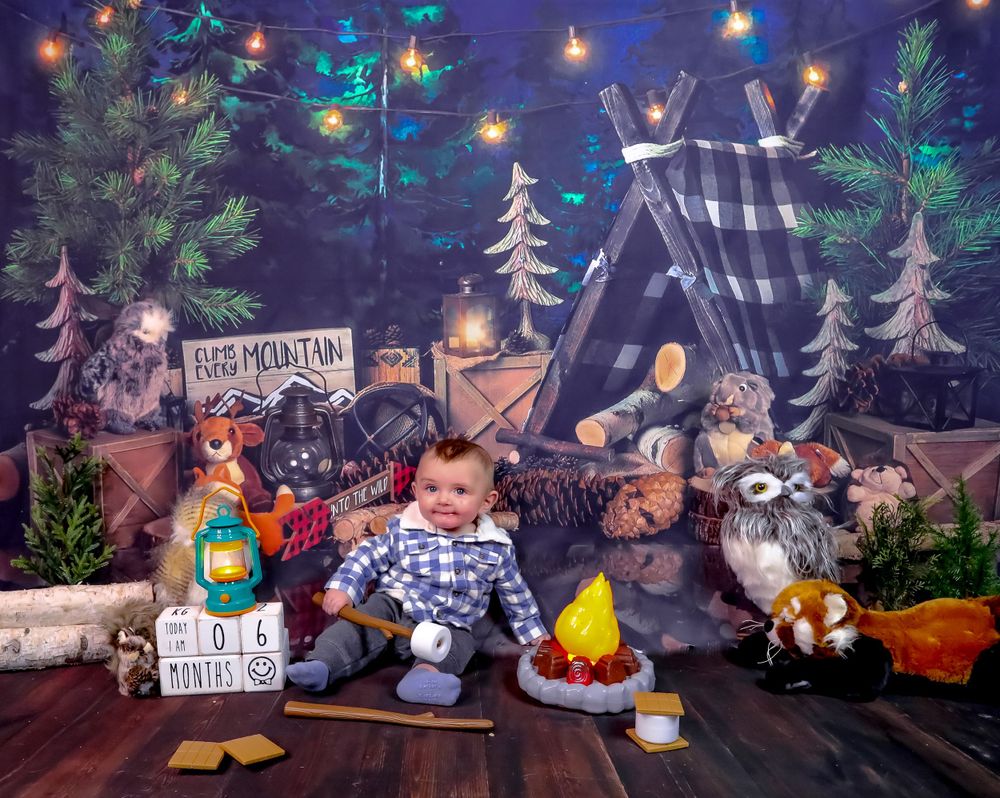 Whimsical camping themed photo setup with tent, woodland creatures, and twinkling lights.
