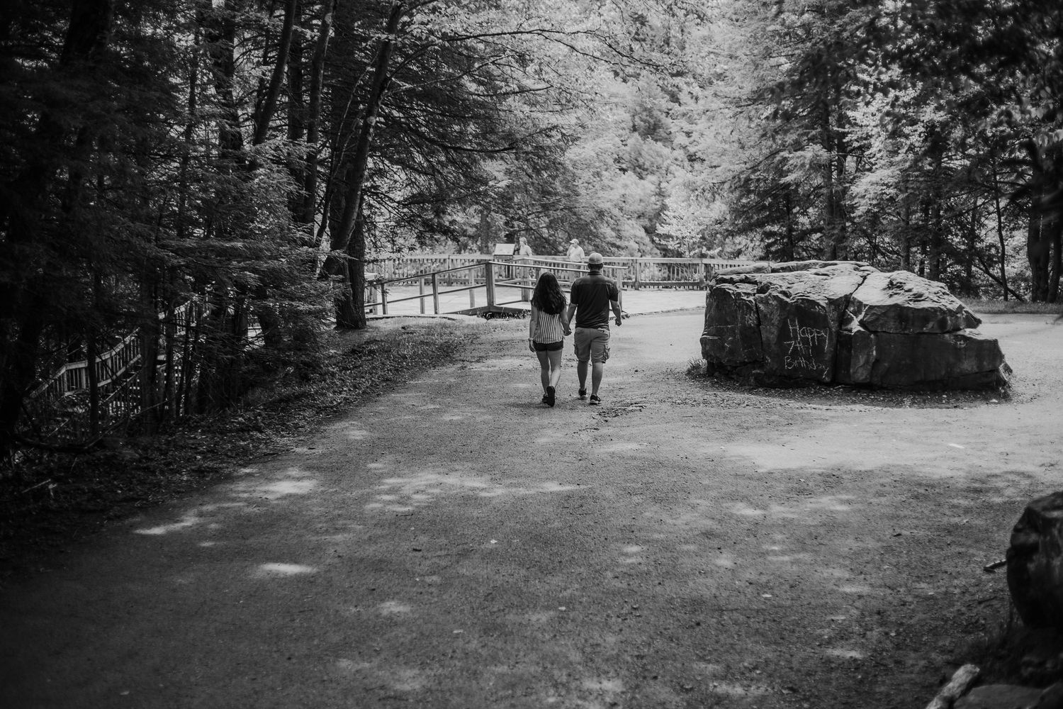 Black and white landscape of couple walking through scenic park pathway.