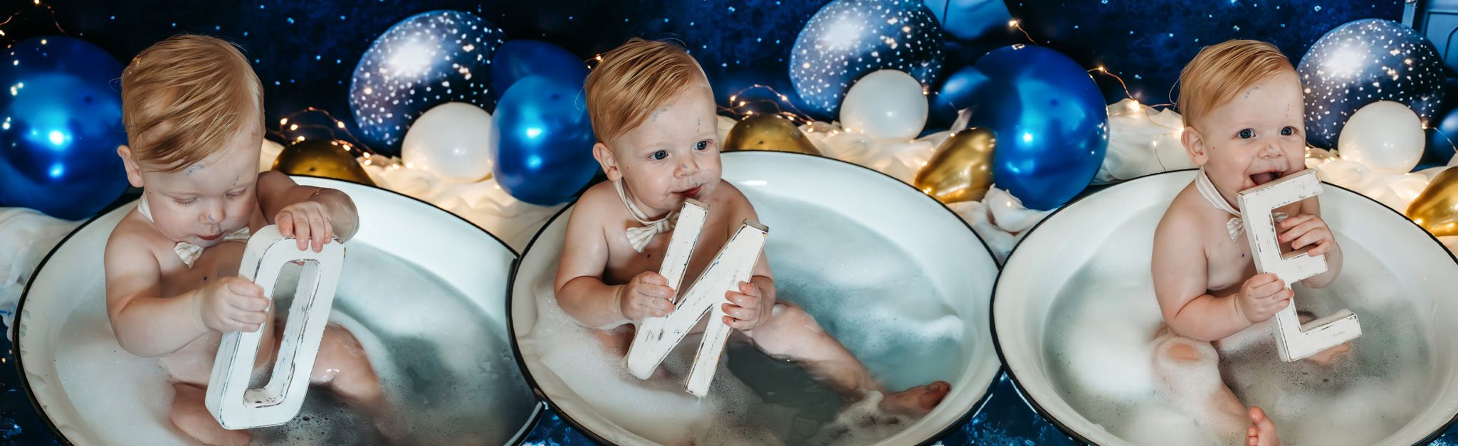 Three-photo sequence of cake smash moment in vintage-style wash basin.