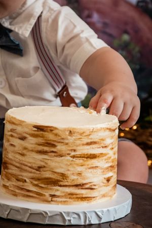 A hand smooths white frosting on a rustic textured layer cake with brown accents.