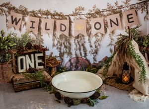 A rustic woodland-themed party setup with 'Wild One' banner and decorative elements.