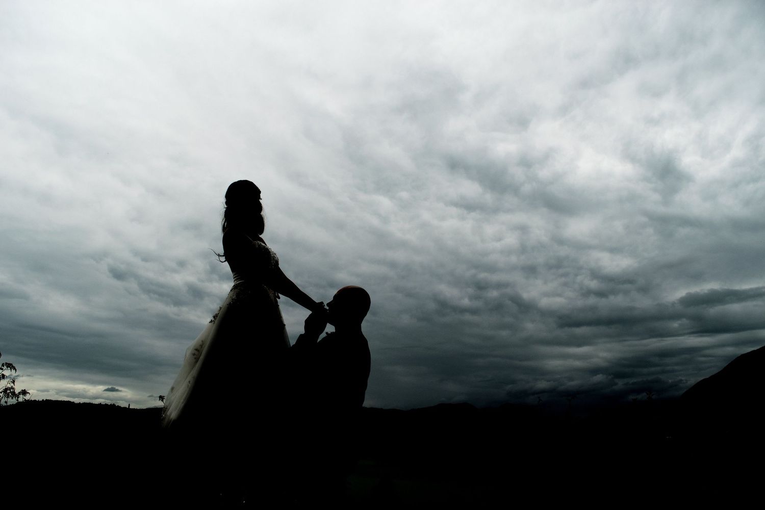 Silhouetted figures create romantic pose against moody cloudy sky.