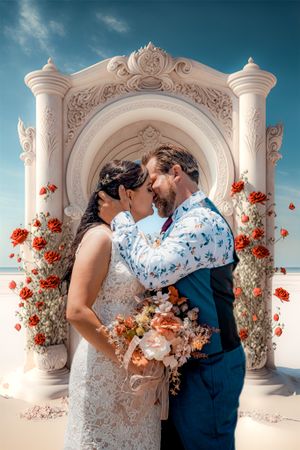 A couple sharing a kiss under an ornate white archway decorated with red flowers.