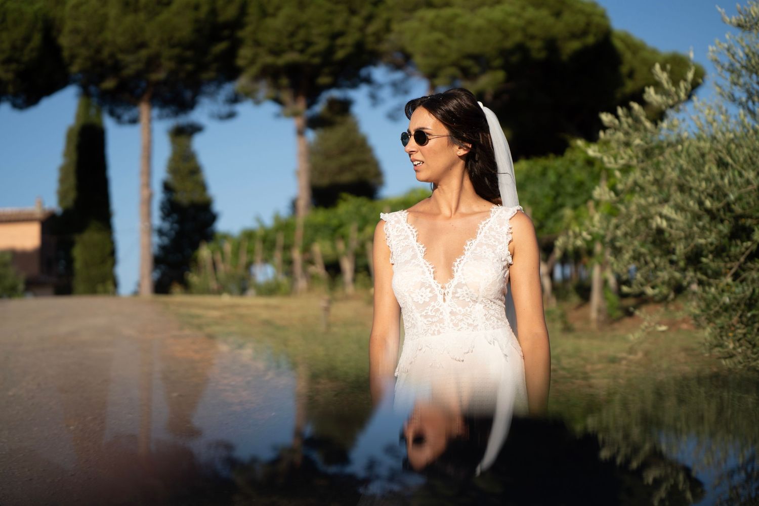 A bride in a white lace dress poses near cypress trees during a sunset photoshoot.