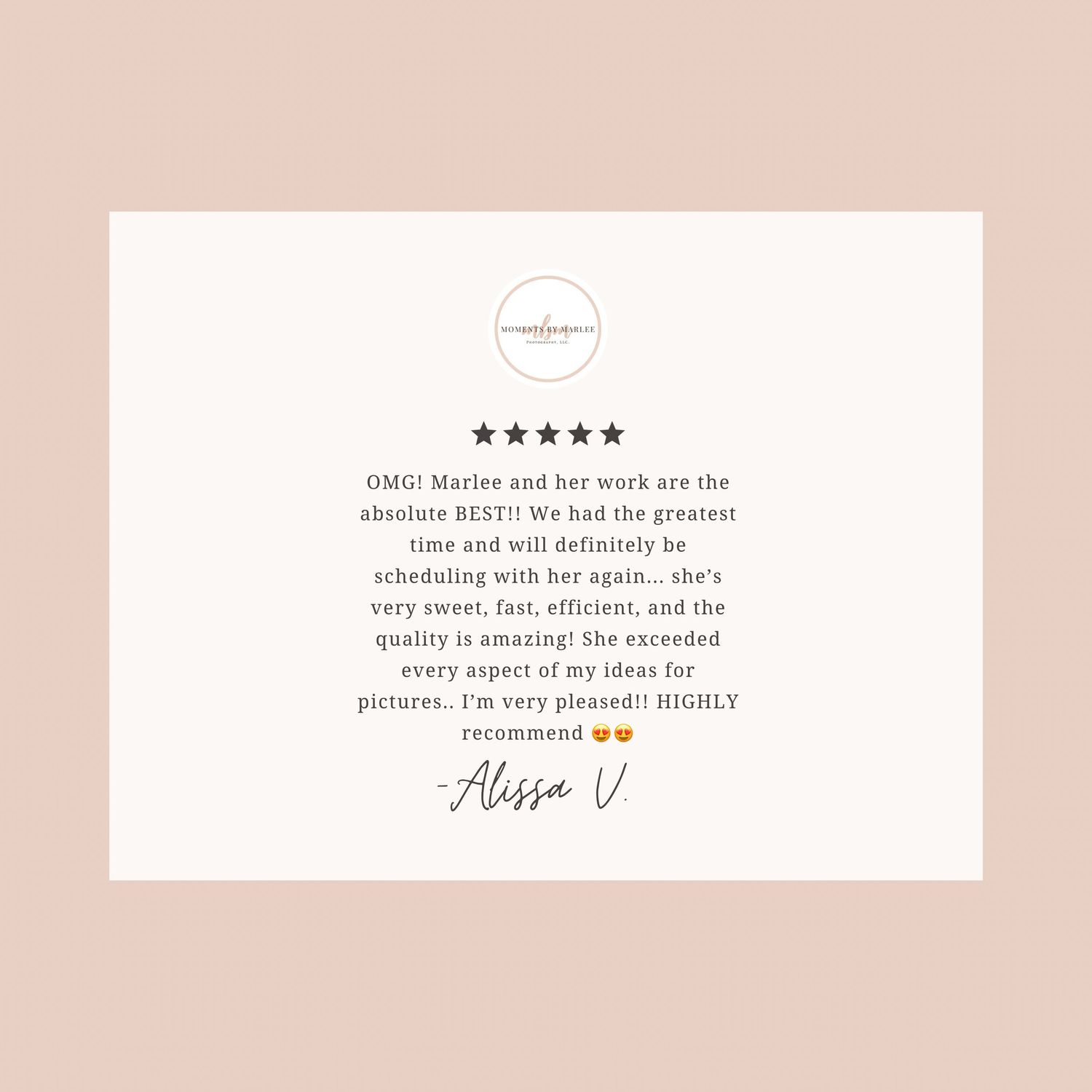 Pink review card featuring five star rating and enthusiastic customer feedback.