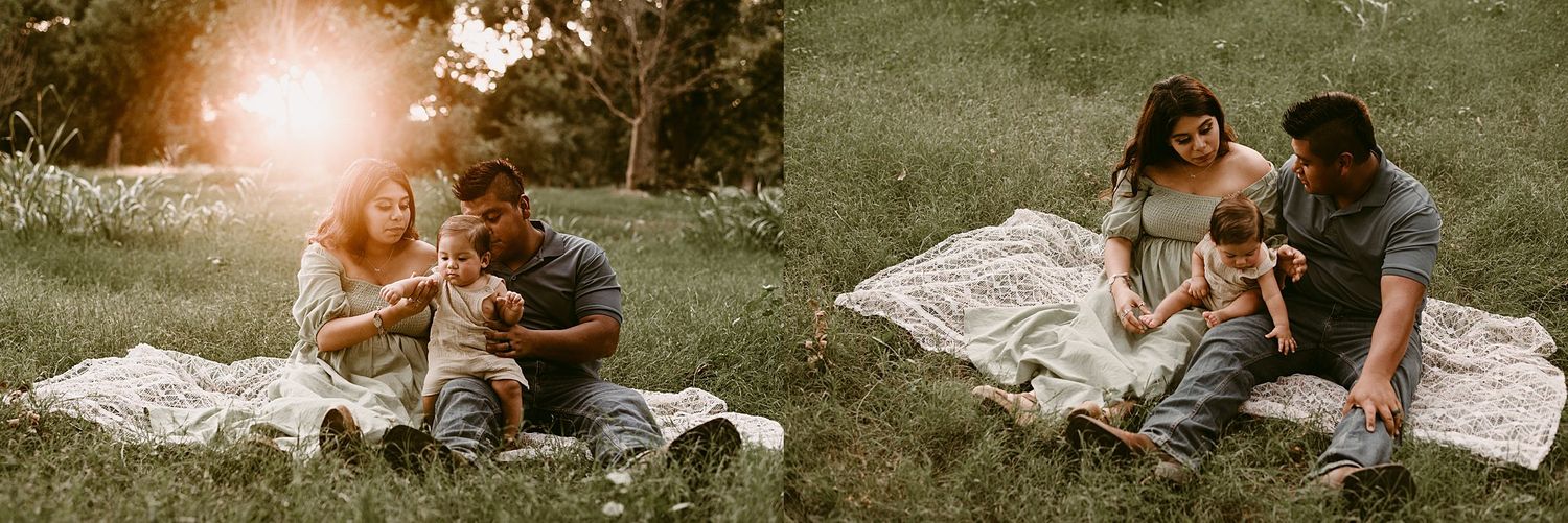 Collection of tender family moments captured on blanket in park setting during sunset.