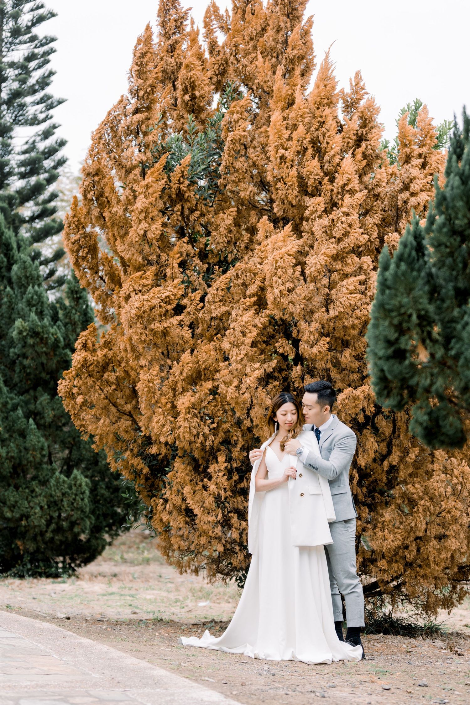 Elegant wedding portraits captured amid stunning fall colors and evergreen trees.