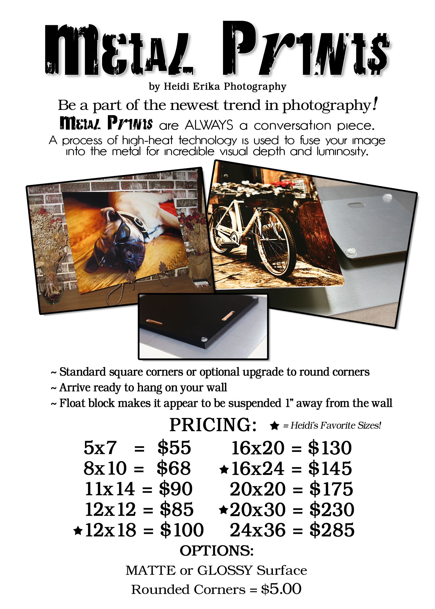 Metal photo prints advertisement showing pricing options and sample motorcycle and action images.