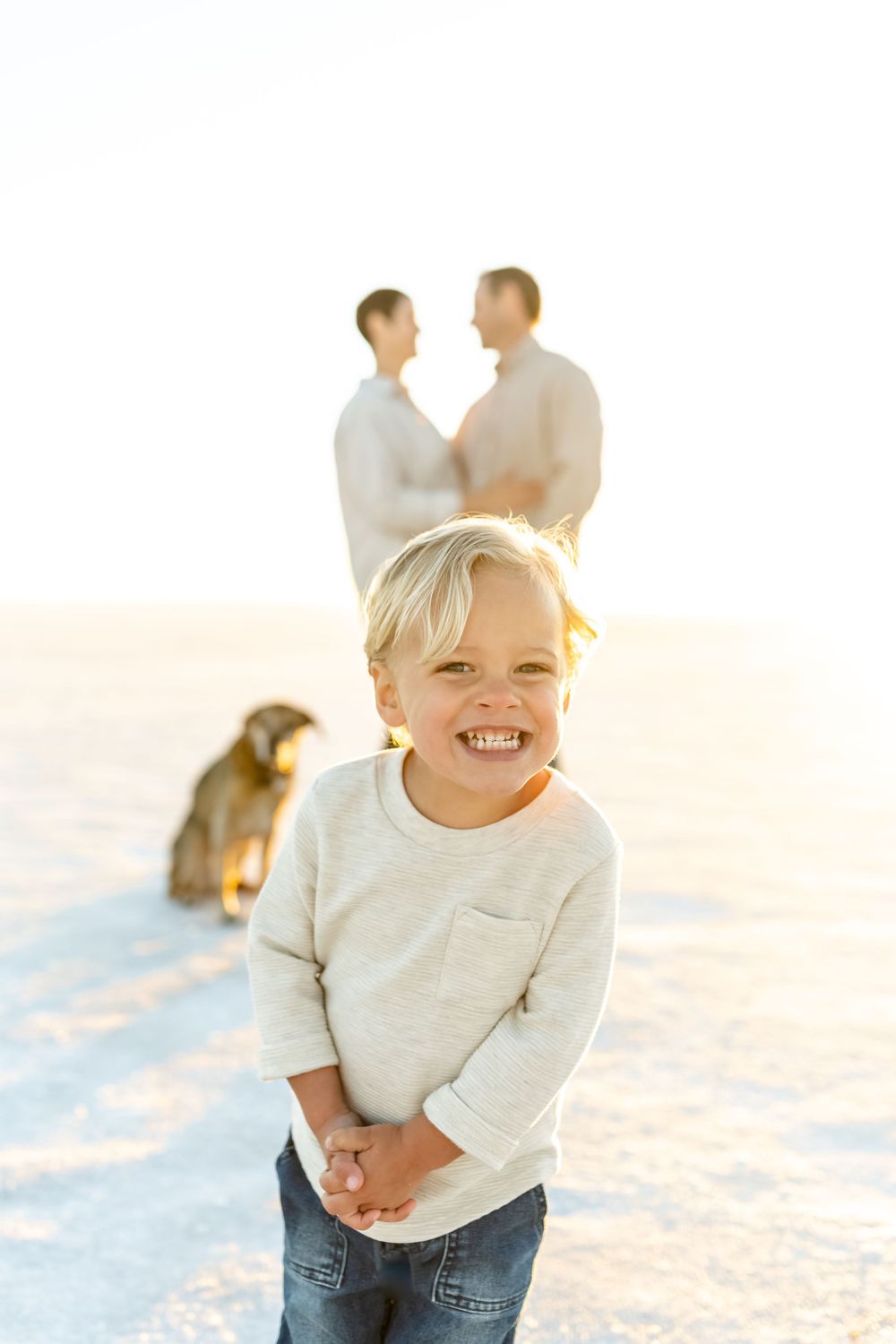 A joyful winter scene with a dog and people in the background during sunset.