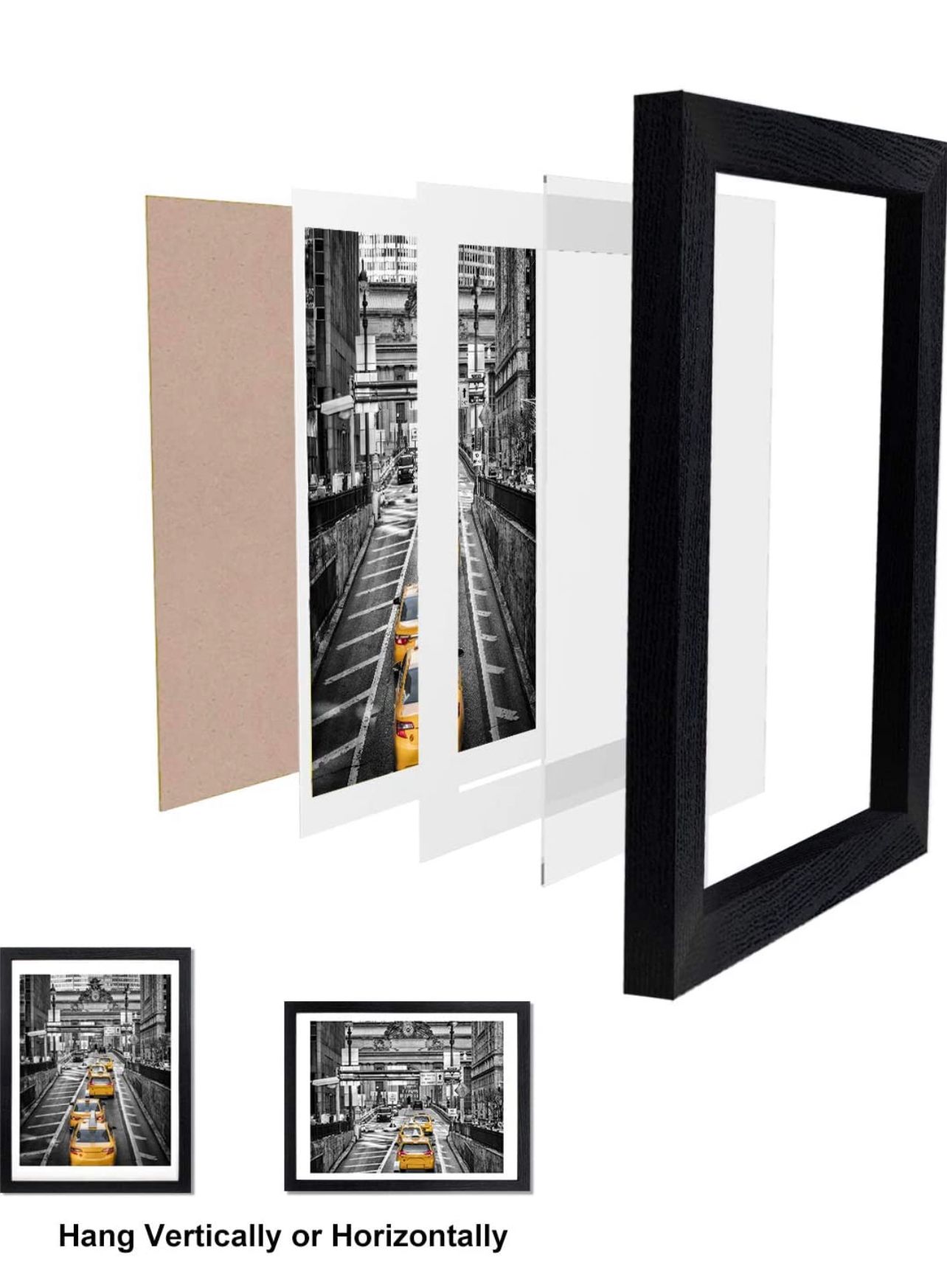 Exploded view of black picture frame components showing mat, glass, and backing, hangs vertically or horizontally.