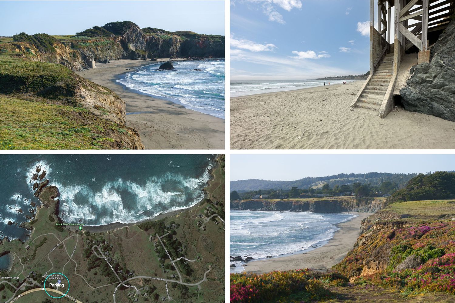 Collage of scenic coastal views showing rocky beaches, stairs and aerial perspectives.