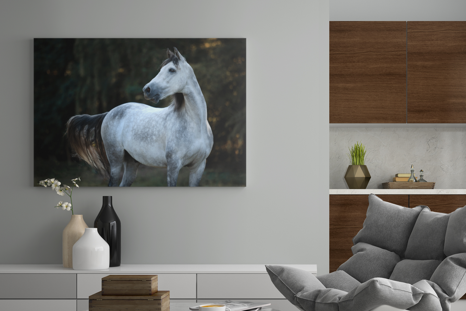 A majestic white horse displayed as wall art in a modern living room interior with gray furniture and decor.