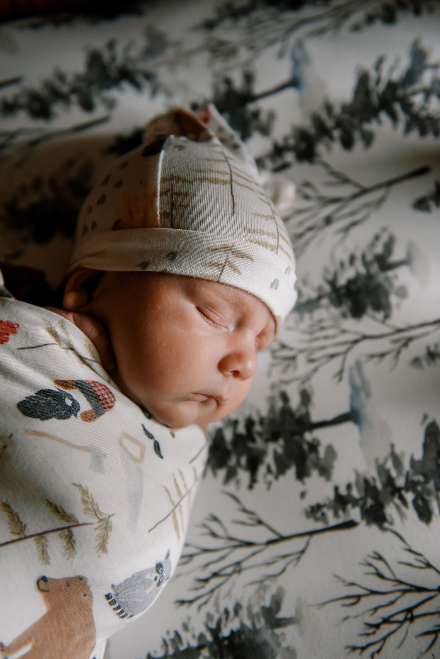 Sleeping newborn in patterned outfit rests on forest-themed bedding.