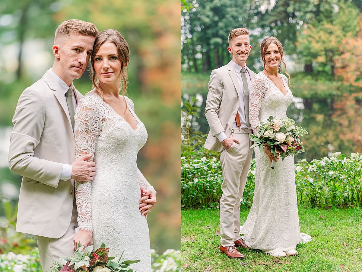 Bride and groom pose for fall wedding photography at Bridal Veil Lakes