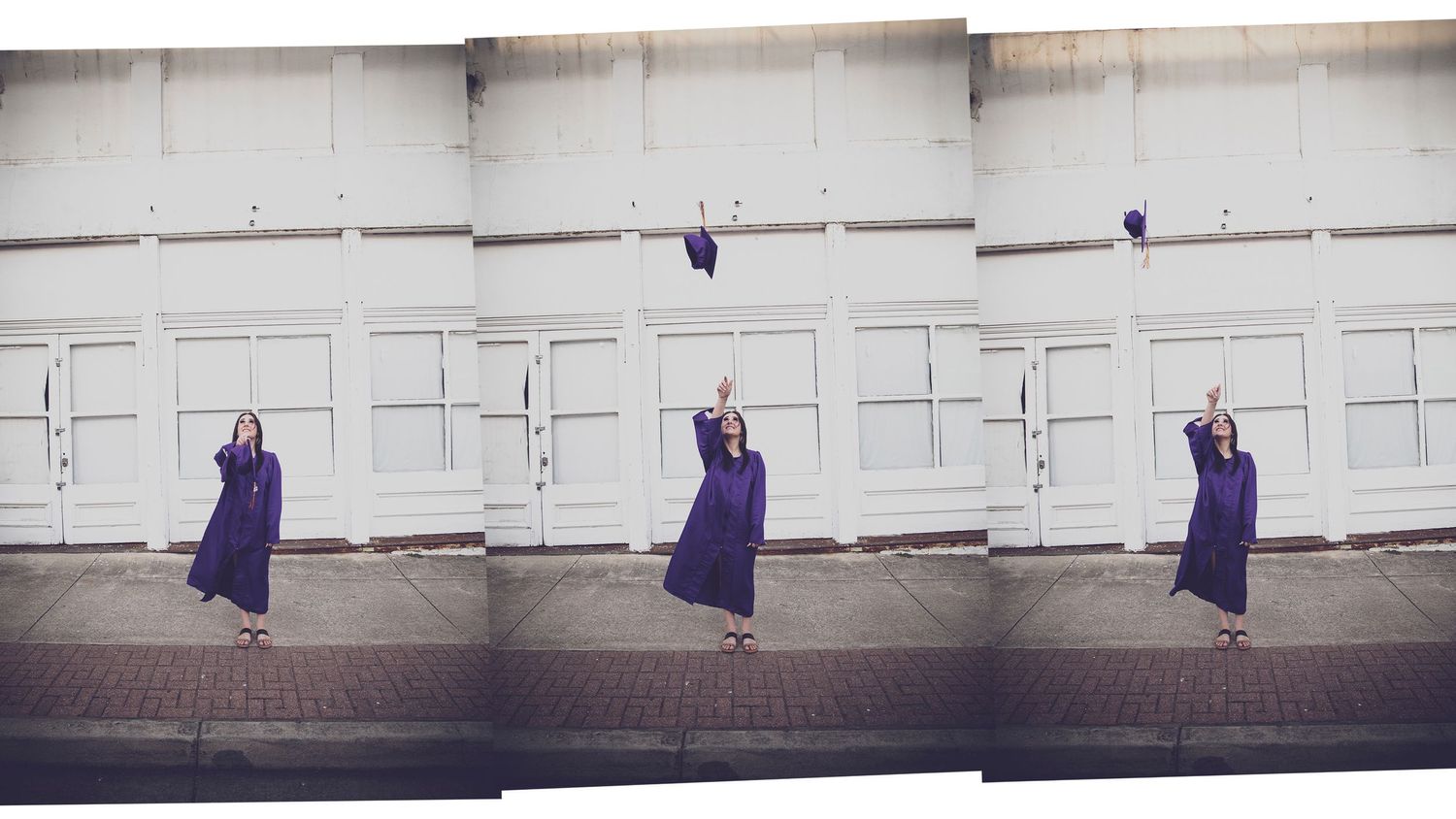 Three sequential photos show a person in a purple graduation gown jumping against a white wall.