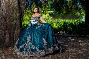 Elegant teal ball gown with silver embellishments photographed under a tree.