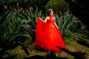 A stunning red ballgown stands out against lush tropical garden foliage.