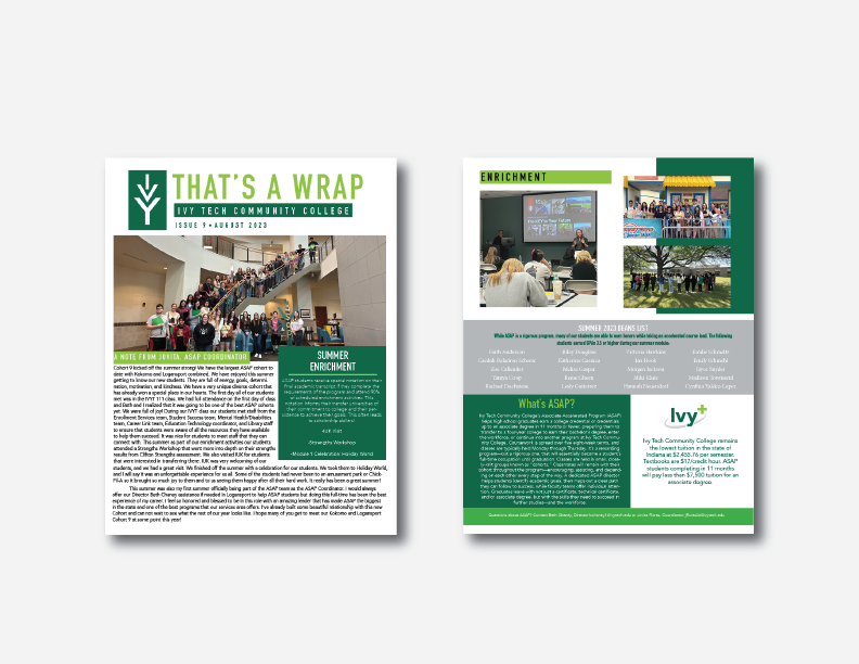 Newsletter layout with green headers showing campus activities and program updates.