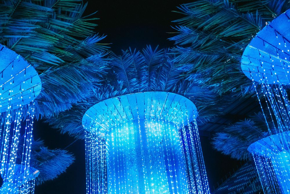 Glowing blue chandelier-like light installations hang beneath tropical foliage.